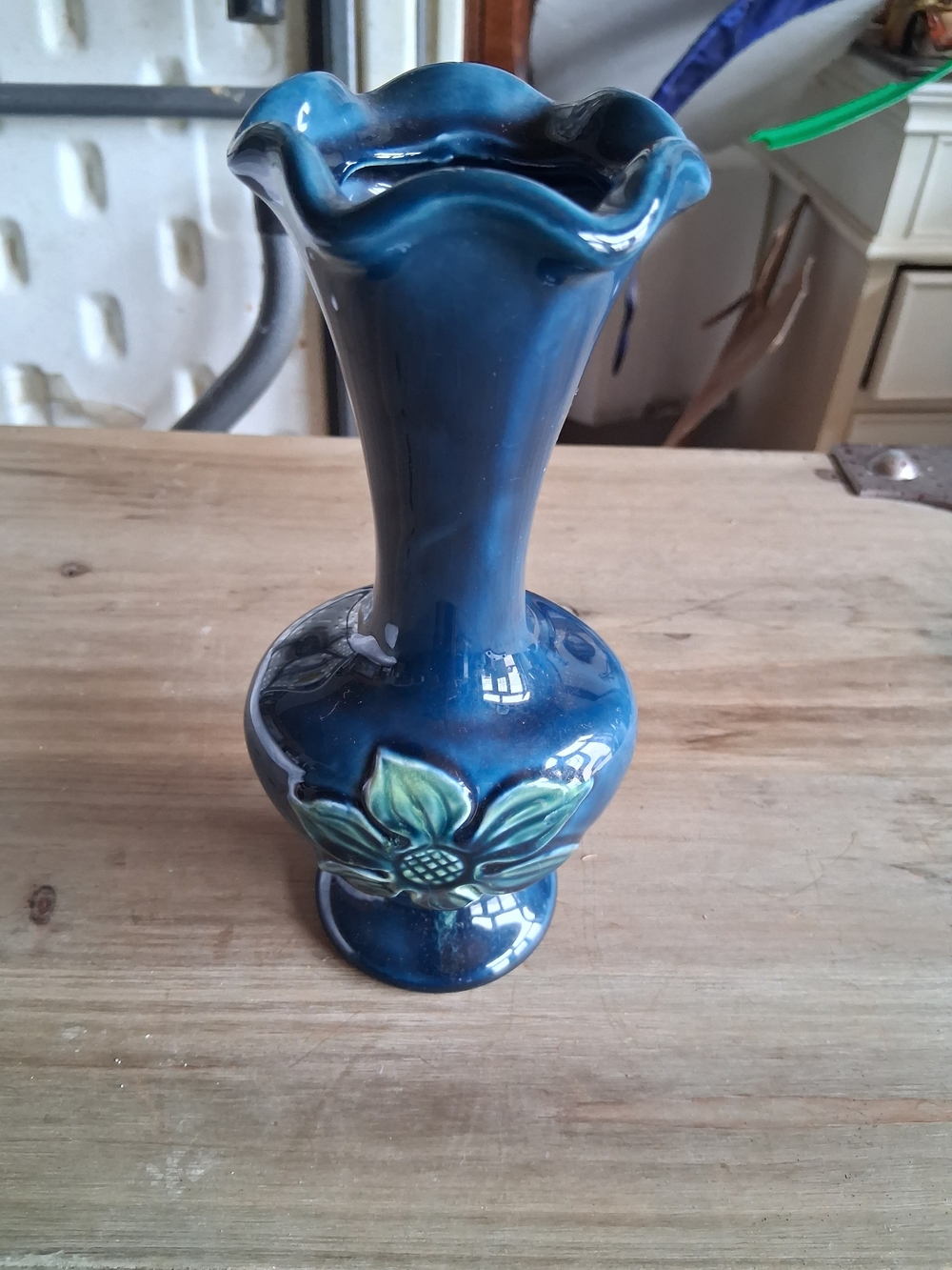 Cobalt Blue Ceramic Flower Vase with Raised Floral Green Motif